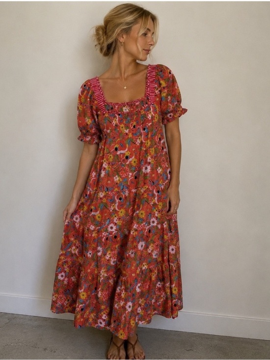 Printfresh Dresses & Skirts - Printfresh Dress The Muse Tiered Midi Dress Smocked Puff Sleeve in Peach Cobbler